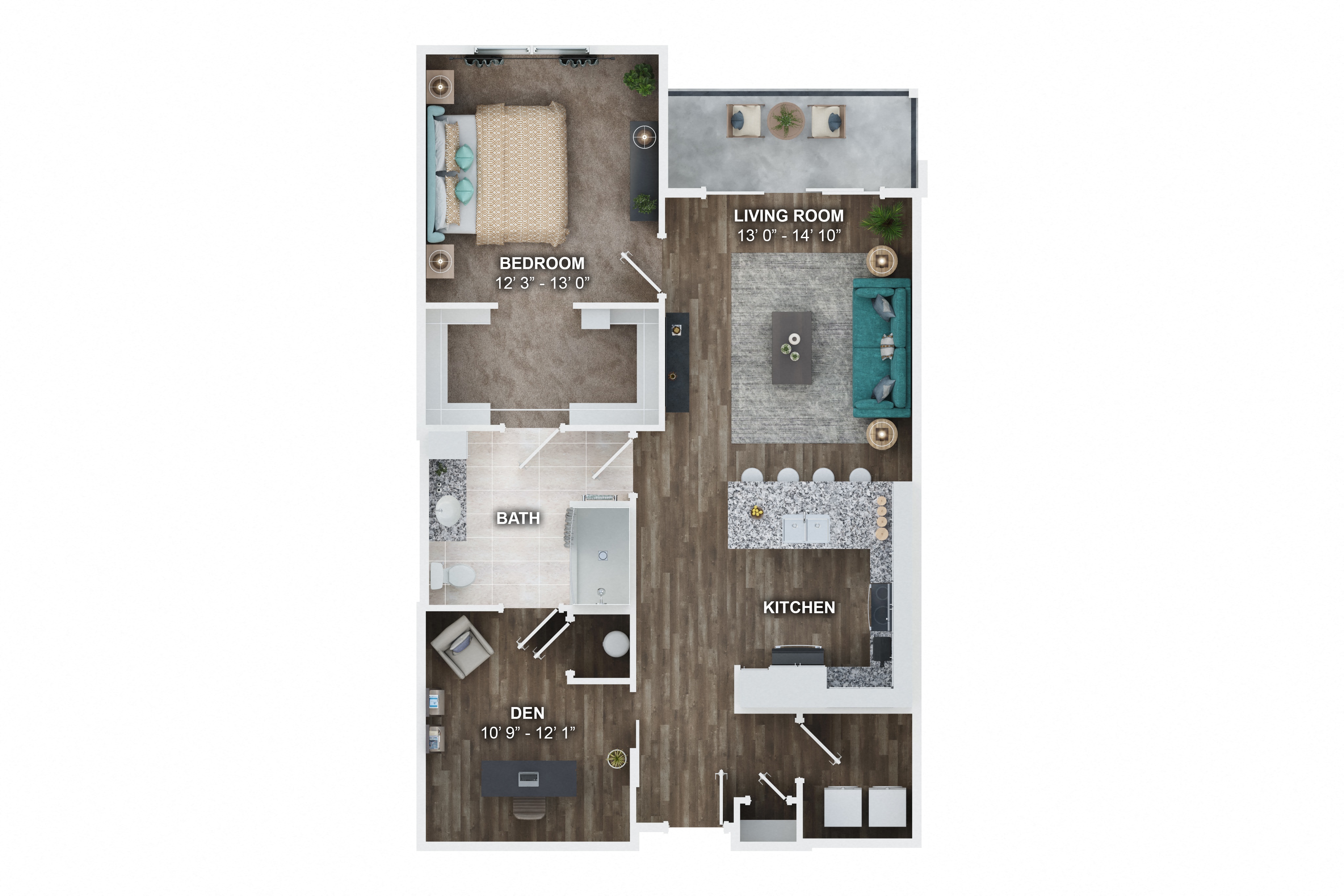 Floor plan for 1 bed, 1 bath, 933 sqft